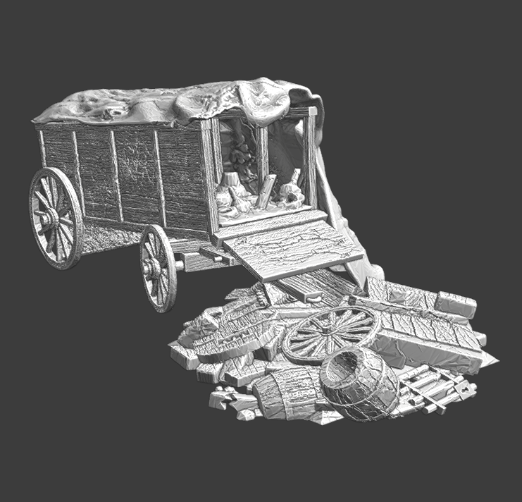 Medieval completely destroyed wagon model
